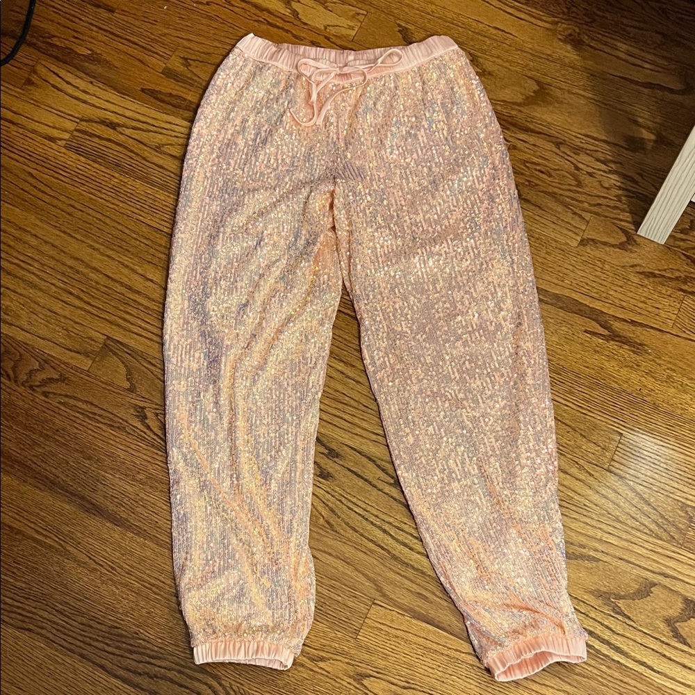 Victoria secret Sparkly satin sequin Pink woman’s Joggers.